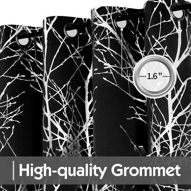 FMFUNCTEX 100% Blackout Curtains for Bedroom, Curtains 84 Inches Long Black Branch Curtains for Living Room, Silver Foil Metallic Tree Patterned Panels, Thermal Insulated Curtain 2 Panels Grommet Top - Image 3